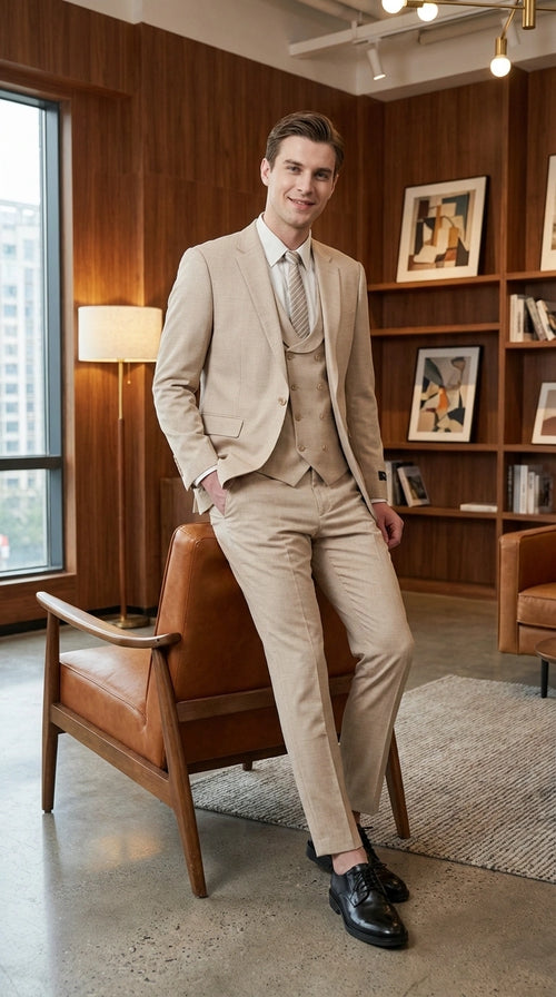 Mens Sand Beige 3 Piece Suit – Double breasted Vest Formal Suit Set  and Dress Pants in Champaign Natural Summer Color