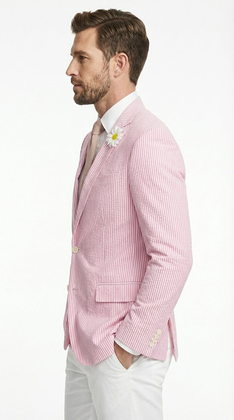Mens Pink Seersucker Blazer – Lightweight Striped Summer Sport Coat Casual Smart Formal Jacket - 36 Short