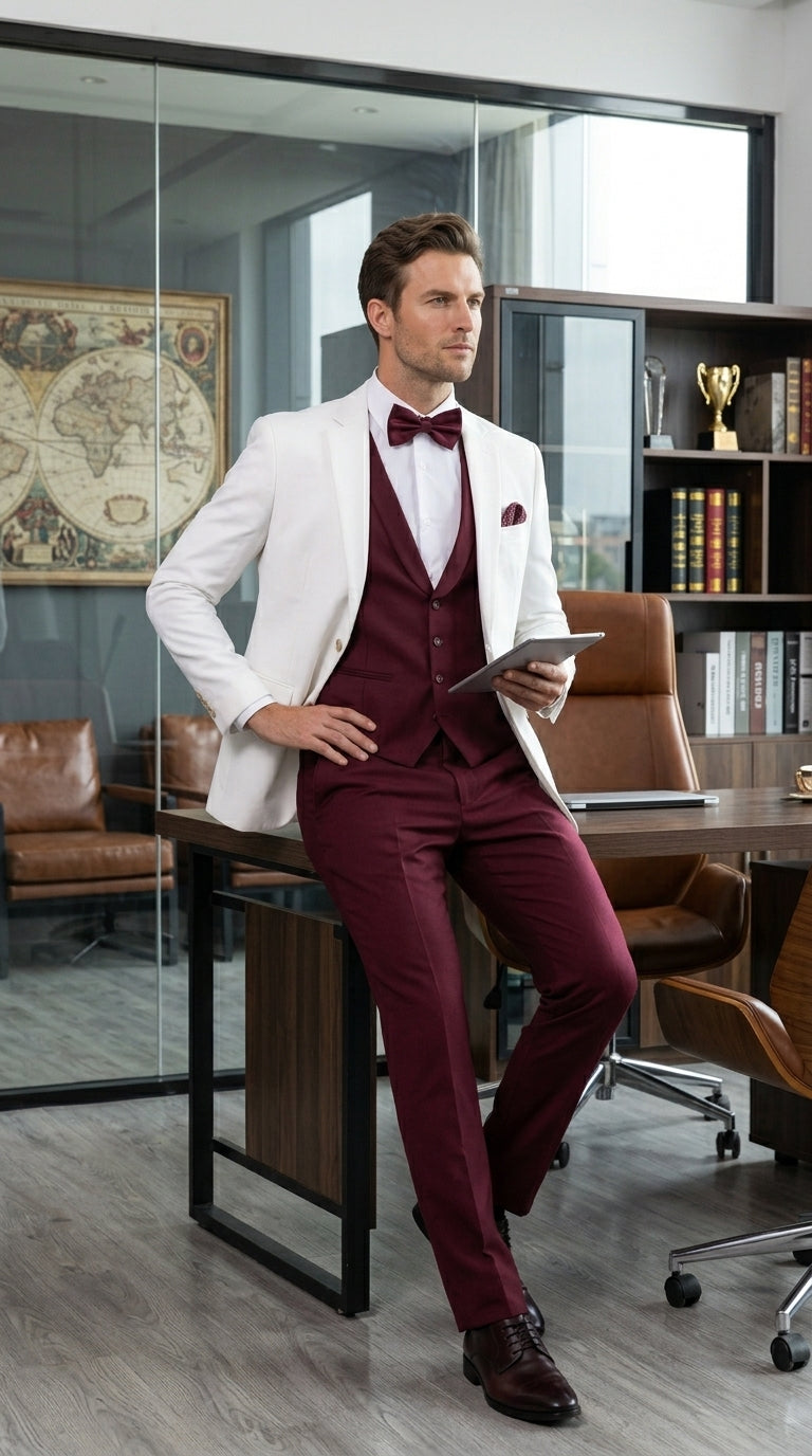 Men’s White and Burgundy 3 Piece Tuxedo Suit, Vested Formal Wedding Prom Dinner Suit Set bowtie included - 34 Short or Extra Small