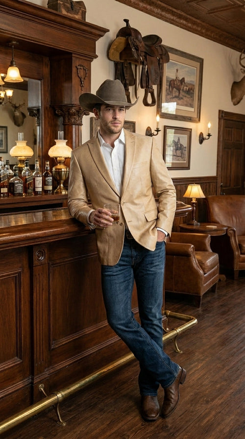Men’s Champagne Gold Western Blazer, Formal Cowboy Wedding Ranch Sport Coat Jacket tan beige color sheen sharkskin fabric