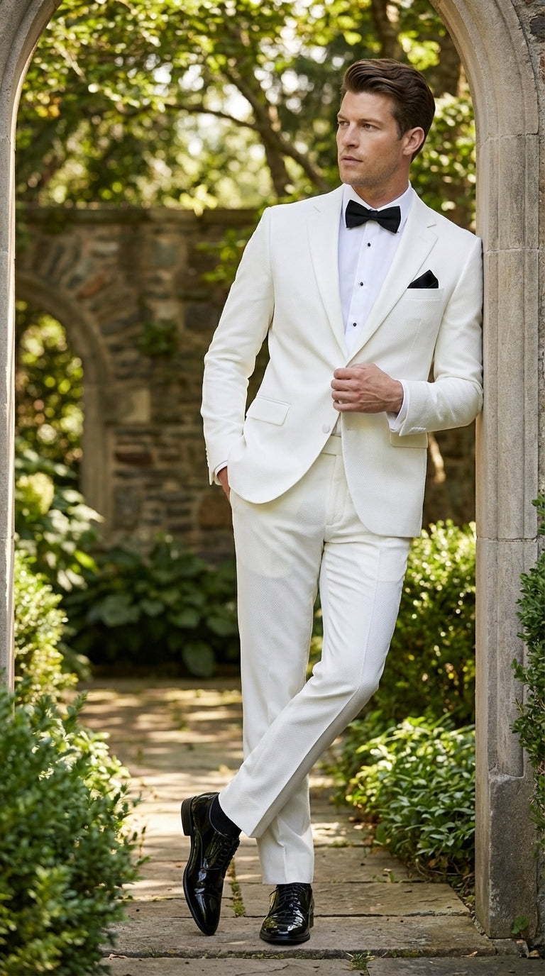 Mens White Wedding Tuxedo Suit – Formal Groom Suit Set Classic Dinner Jacket + White Tuxedo Shirt + Black Bow Tie - 34 Short or Extra Small