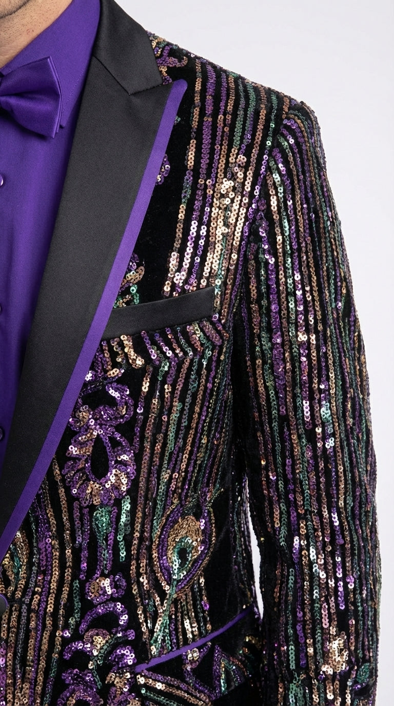 Mens Mardi Gra Black and Purple and Gold Sequin Tuxedo Jacket Set – Designer with Floral Pattern Jacket Formal Wedding Party Wear Bowtie - 36 Short