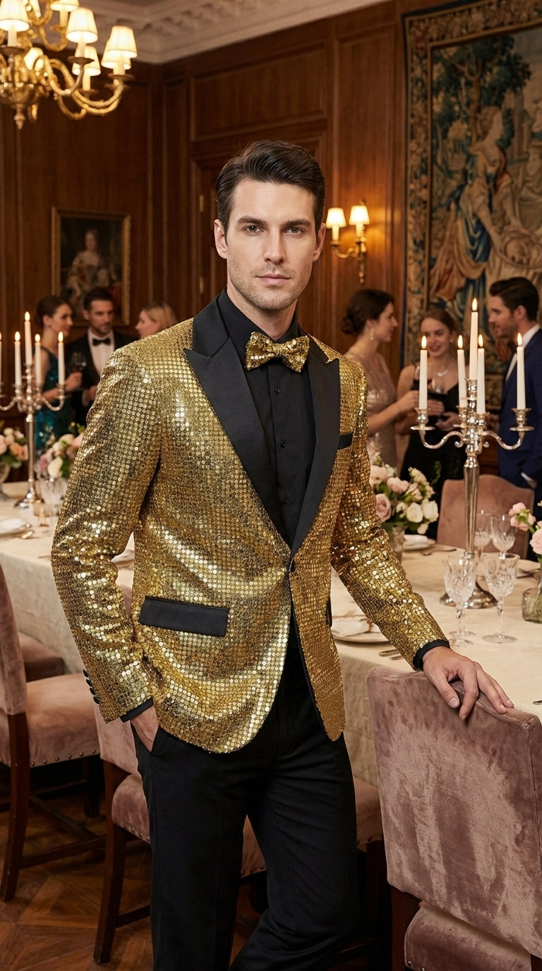 Mens Gold Sequin Blazer with Black Satin Lapel – Gold Formal Party Blazer Jacket for Prom, Wedding and Stage Events - 36 Short
