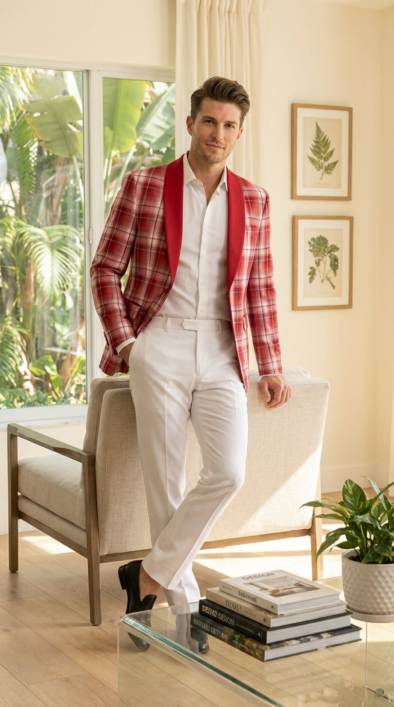 Mens Tartan Red and White Plaid Blazer – Check Pattern Sport Coat Red Shawl Lapel Party Christmas Holiday New Year - 36 Short