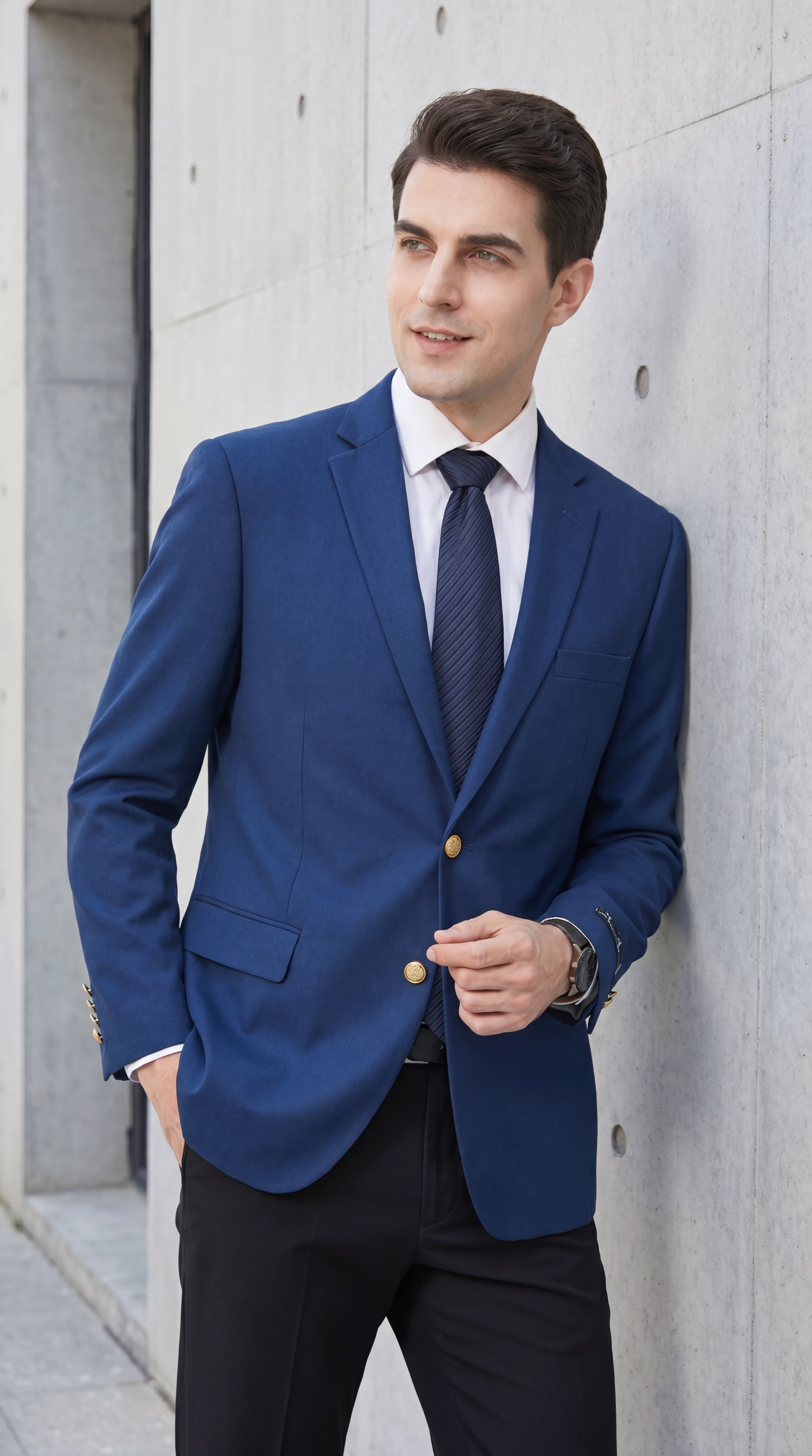 Men’s Sapphire Indigo Cobalt Blue Blazer with Gold Buttons – Classic Single Breasted Formal Business Jacket for Office, Wedding - 36 Short