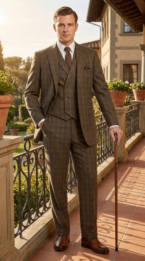 Men’s 1930s Brown Plaid 3 Piece Suit, Vintage Formal Wedding Business Dress Suit Set