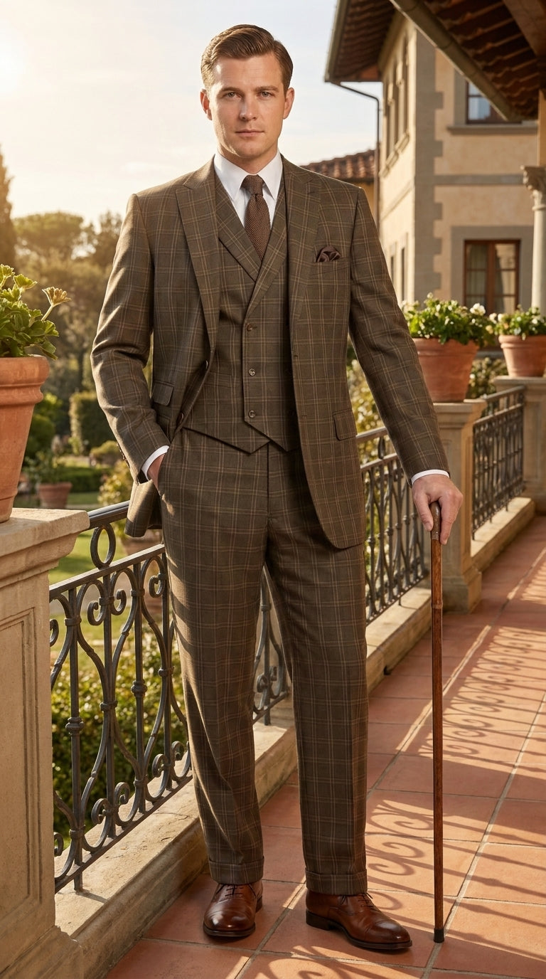 Men’s 1930s Brown Plaid 3 Piece Suit, Vintage Formal Wedding Business Dress Suit Set - 34 Short or Extra Small