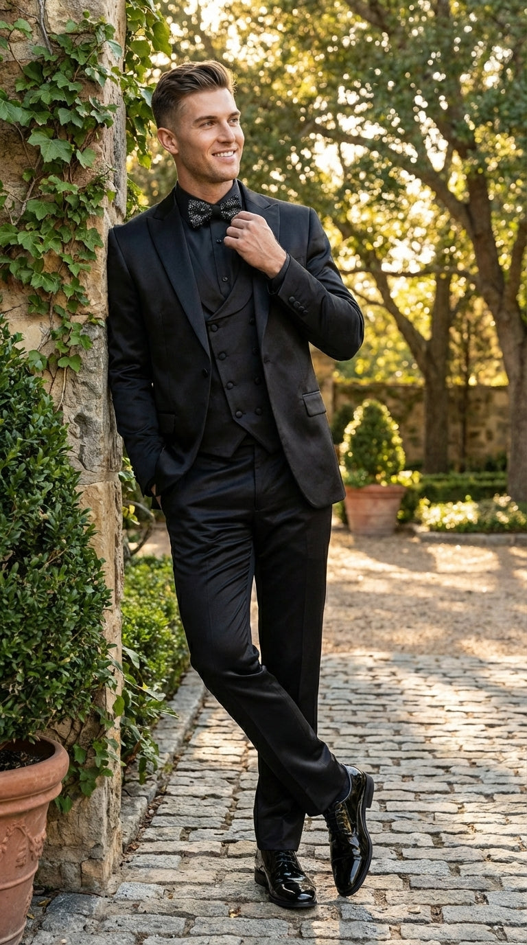 Men’s All Shiny Black Satin Suit – Black Satin Tuxedo Suit for Prom, Wedding, Formal Party and Evening Events Double breasted Vest - 34 Short or Extra Small