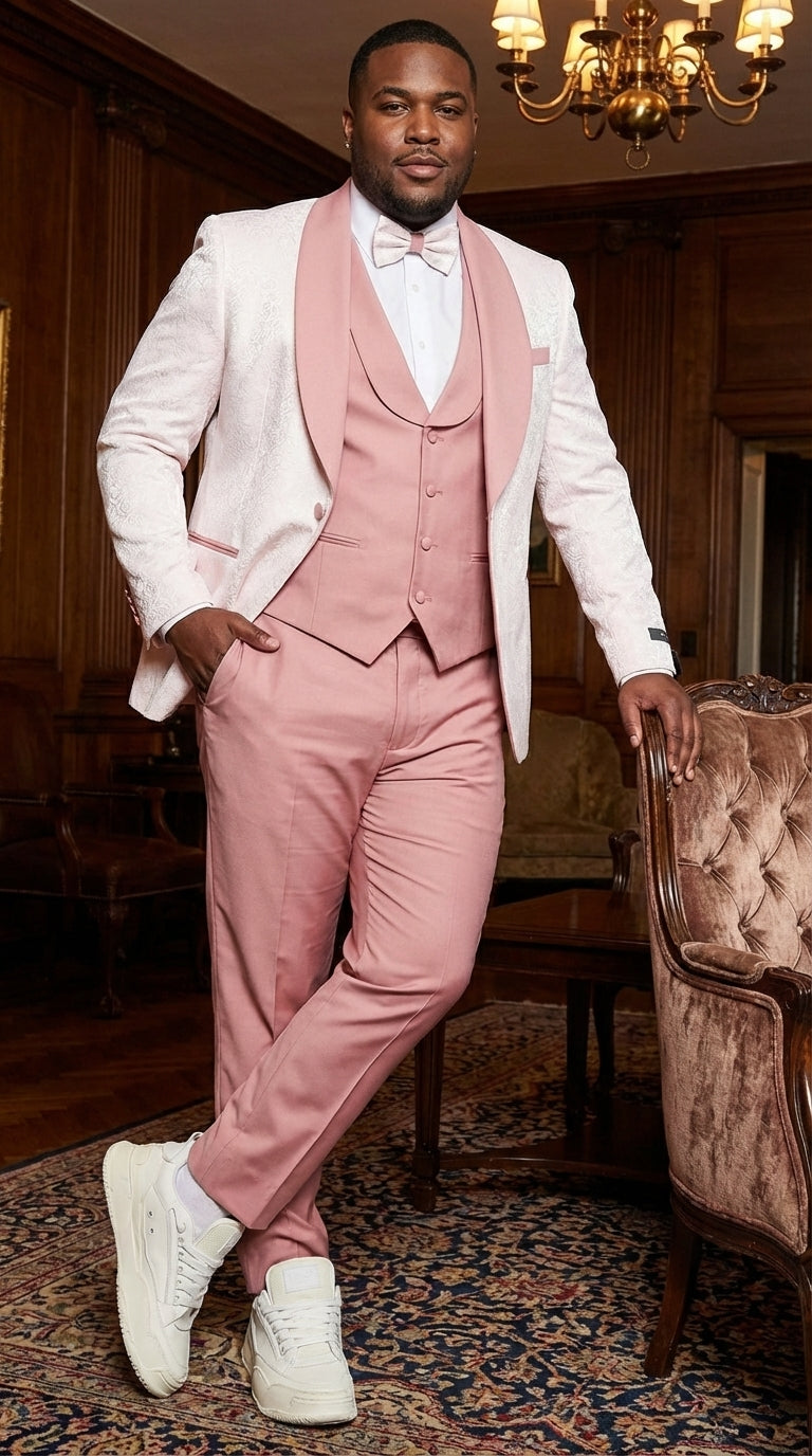 Men’s Cream and Rose Pink Prom Suit – Cream Tuxedo Jacket with Rose Pink Pants and Shawl Lapel Formal Suit for Prom and Wedding - 34 Short or Extra Small