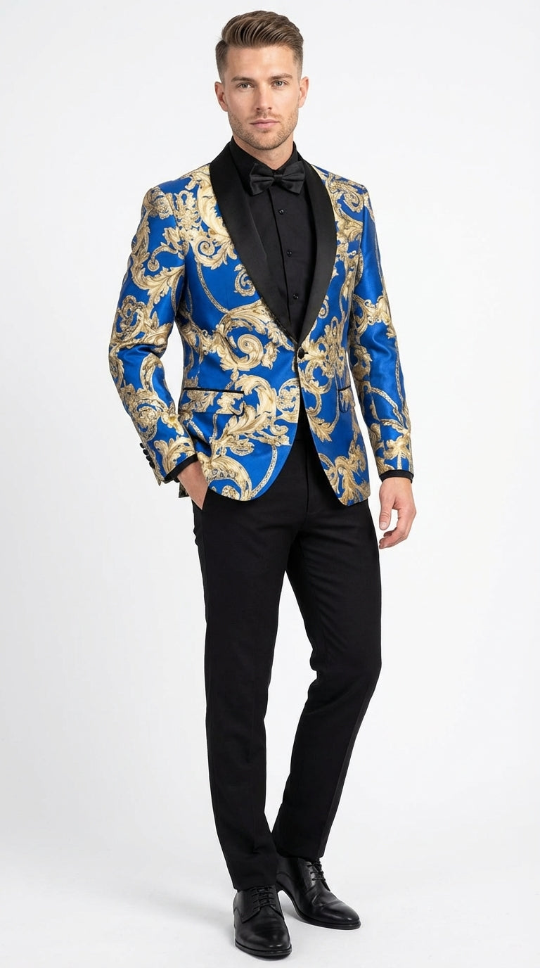 Men’s Royal Blue and Gold Blazer Jacket – Luxury Floral Pattern Tuxedo Blazer, Formal Party Wedding Dinner Jacket, Stylish Evening Wear - 36 Short