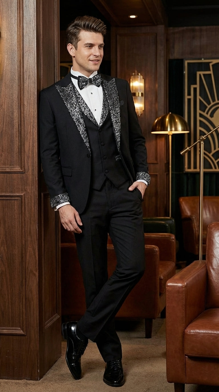 Mens Black and White Lapel Tuxedo Suit – Black Formal Tuxedo with White Pattern Lapel for Wedding, Prom and Evening Events - 34 Short or Extra Small