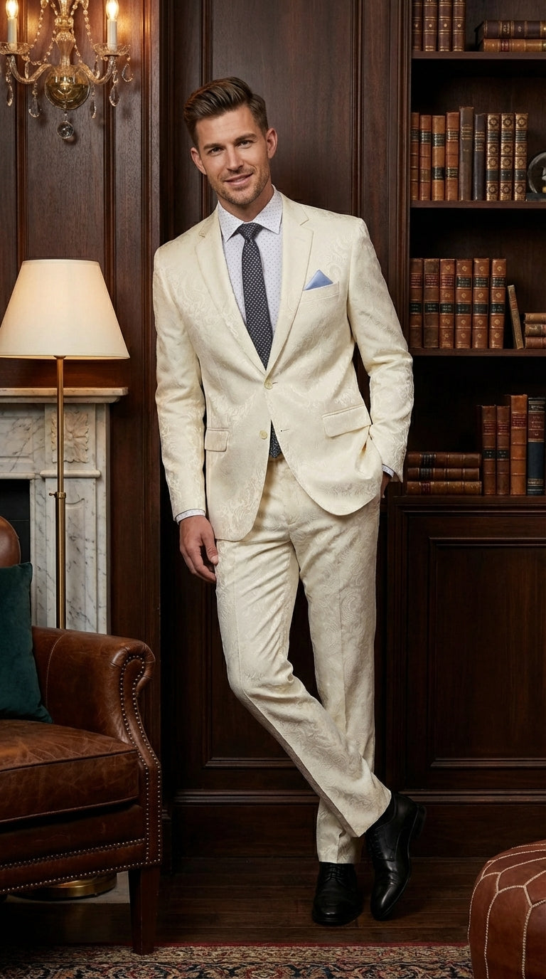 Men’s Ivory Paisley Shiny Suit – Flroal Formal Wedding and Prom Suit for Party, in Cream Off White - 34 Short or Extra Small