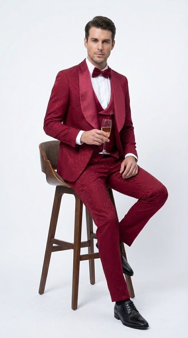 Mens Burgundy Wedding Tuxedo Suit – Paisley Three Piece Formal Suit Set with Shawl Lapel for Groom, Prom - 34 Short or Extra Small
