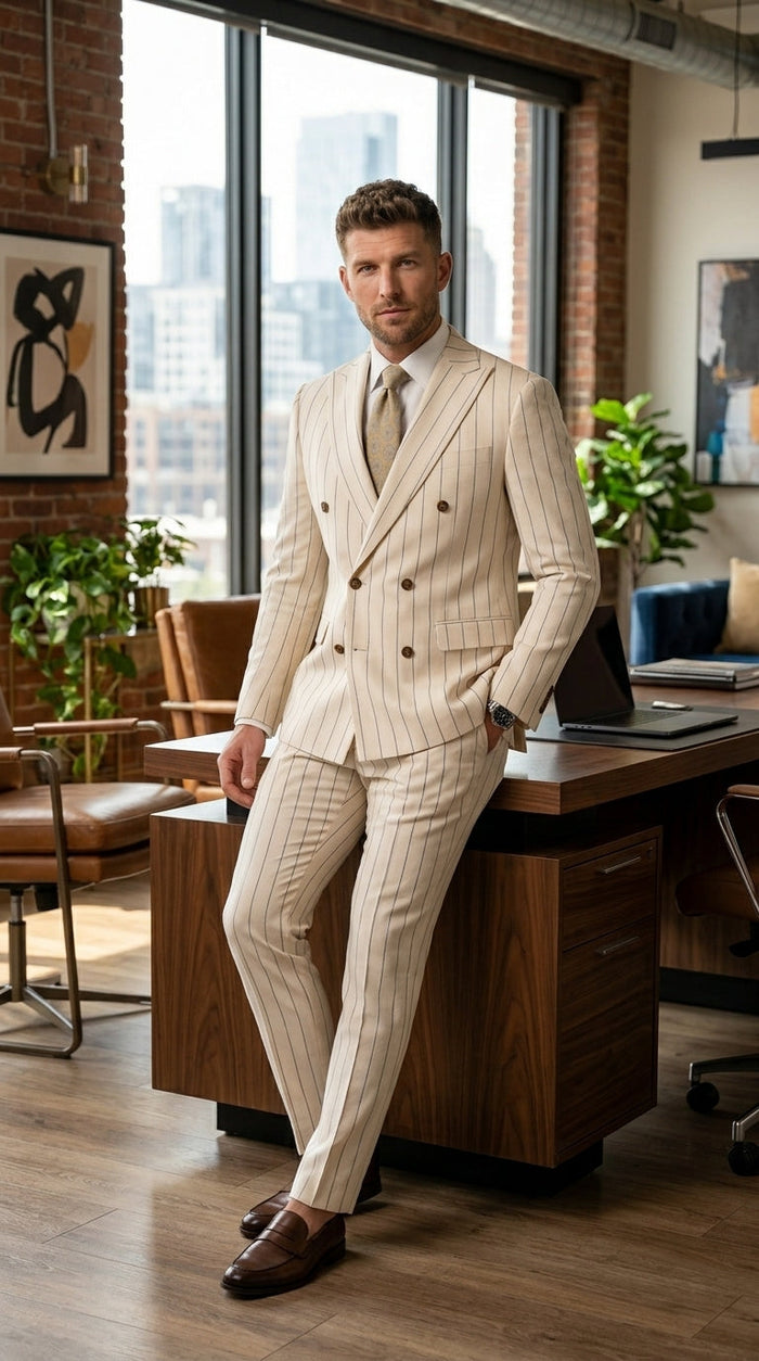 Men’s Cream Off White Pinstripe Linen Pinstripe 2 Piece Double Breasted Suit, Summer Wedding Ivory Color By Vitali