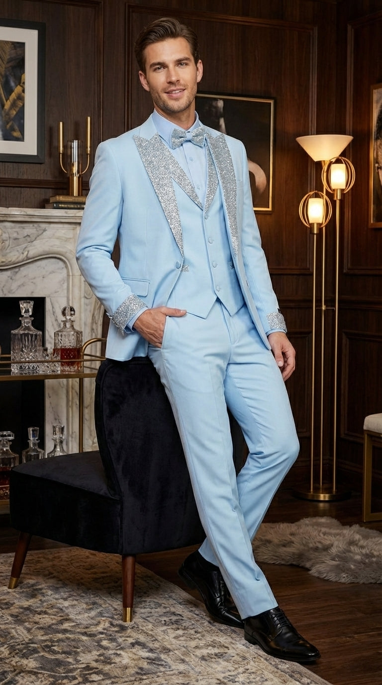 Men’s Light Blue Suit with Silver Glitter Lapel – Light Blue Formal Tuxedo Suit for Prom, Wedding and Special Occasion Wear in Sky Baby Blue - 34 Short or Extra Small