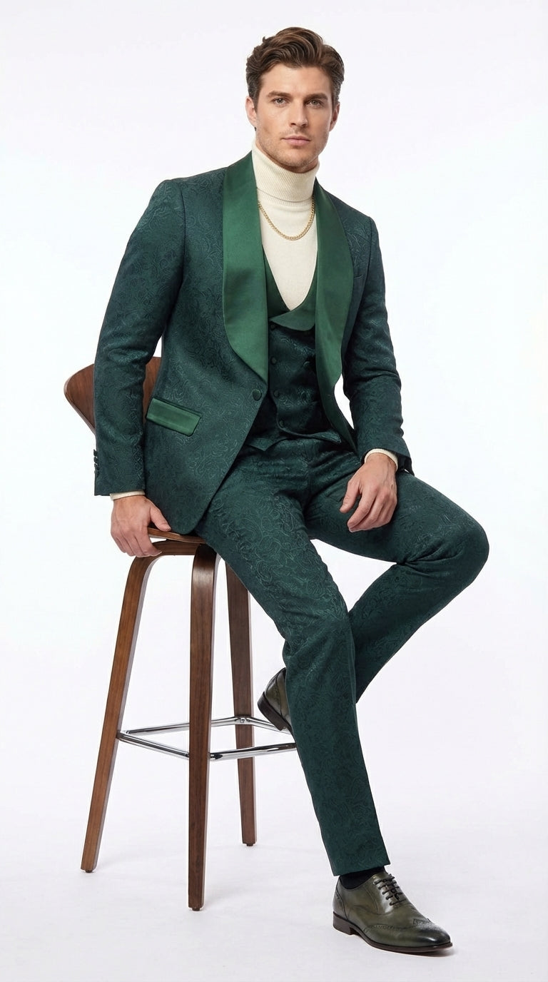 Mens Hunter Green Wedding Tuxedo Suit – Paisley Pattern Three Piece Formal Suit Set with Shawl Lapel for Groom, Prom in Emerald green - 34 Short or Extra Small