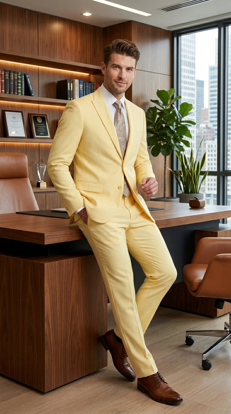 Men’s Pale Yellow 2 Piece Suit, Formal Dress Suit for Weddings, Prom, Parties, Summer Events, and Special Occasions By Vitali - 34 Short or Extra Small