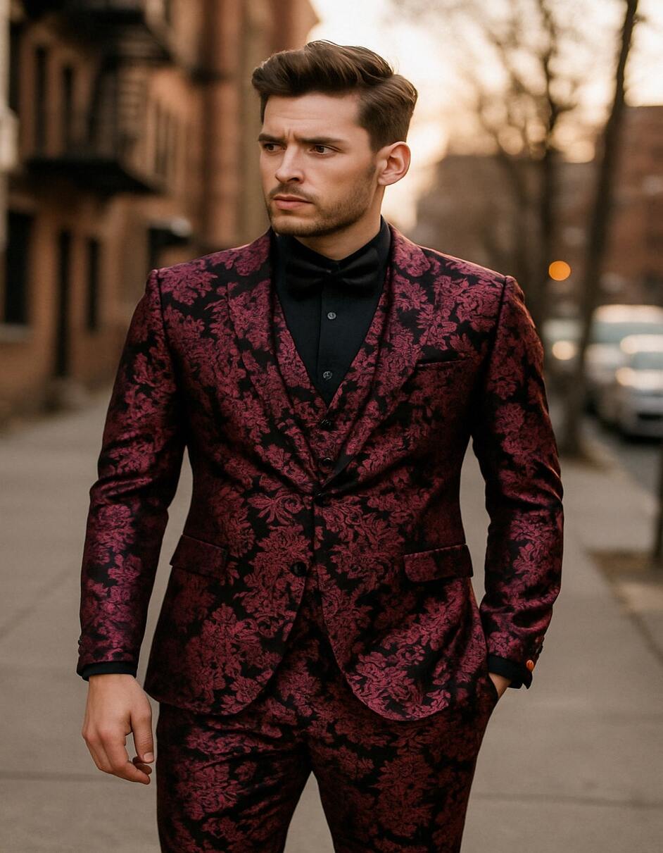 Mens Black and Deep Pink Floral Tuxedo Suit Slim Fit 2 Piece Formal Set with Matching Bow Tie - 34 Short or Extra Small