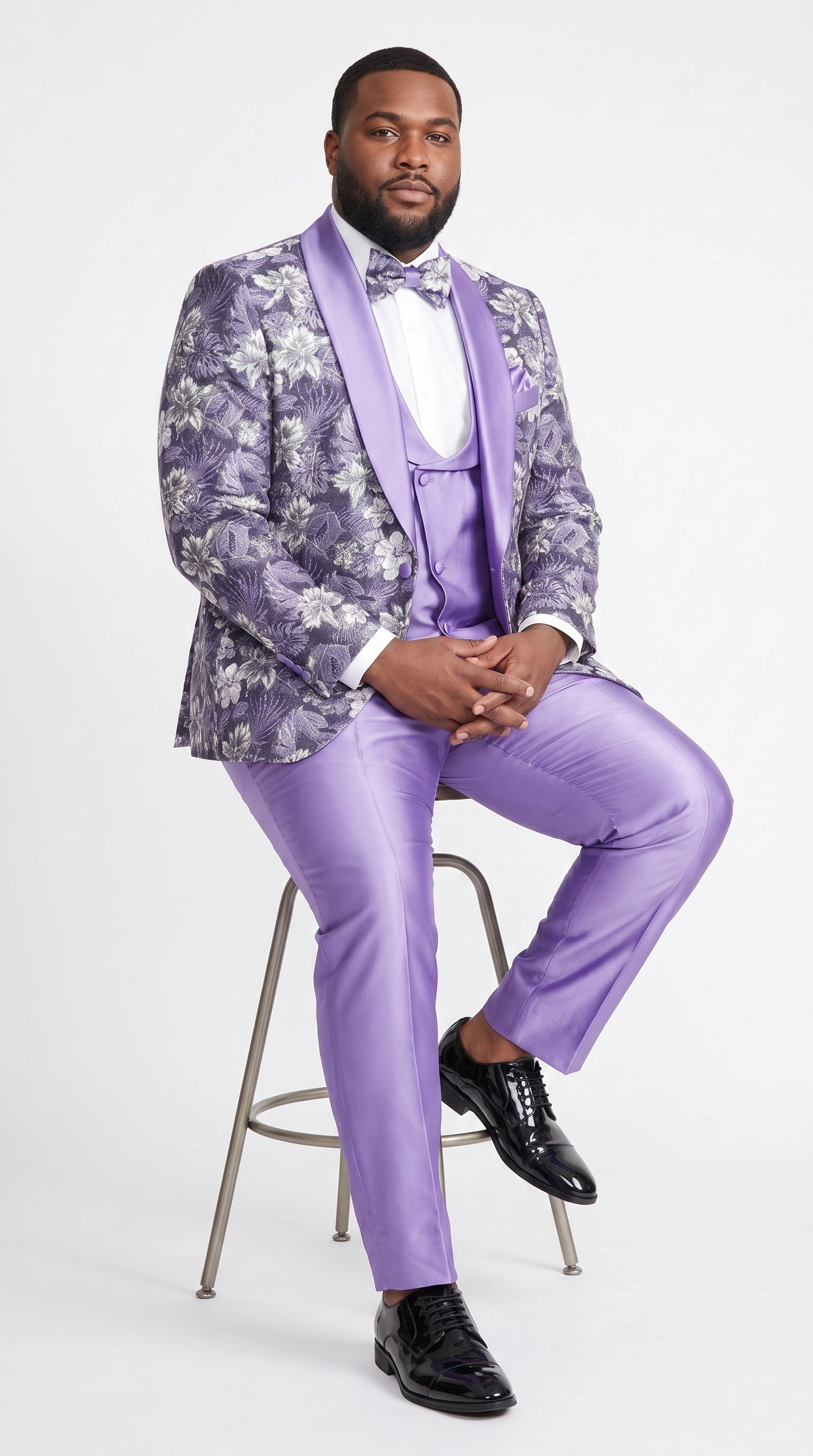 Men’s Lilac Lavender Prom Suit – Floral Shawl Lapel 3 Piece Tuxedo with Matching Vest and Pants - 34 Short or Extra Small