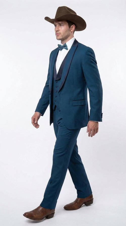 Men’s Teal Blue Western Tuxedo Suit, 3 Piece Cowboy Formal Wedding Prom Suit with Black Shawl Lapel Saphire