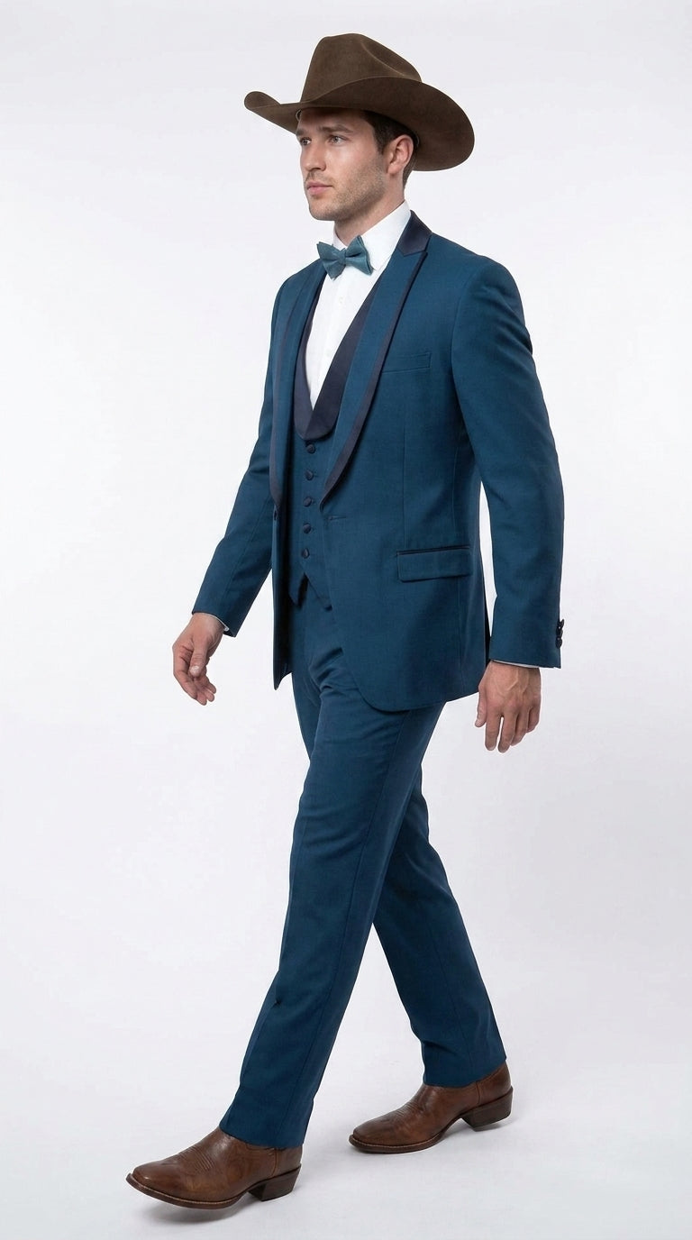 Men’s Teal Blue Western Tuxedo Suit, 3 Piece Cowboy Formal Wedding Prom Suit with Black Shawl Lapel Saphire