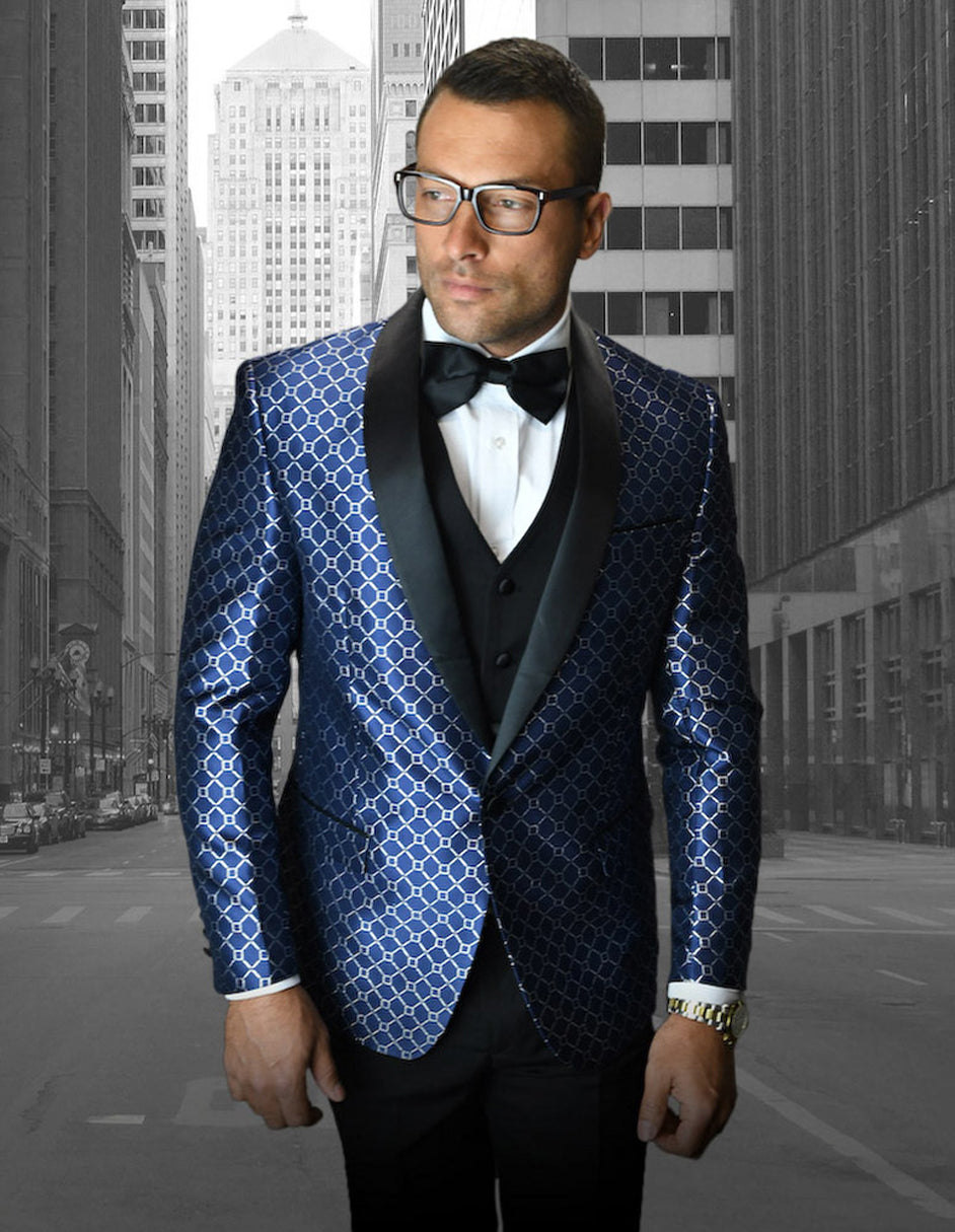 Mens Vested One Button Shawl Tuxedo in Geometric Chain Print in Navy - 42 Short