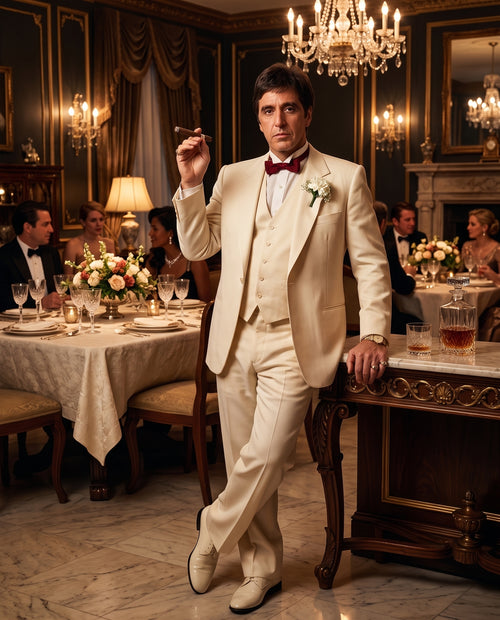 Tony Montana’s Ivory Vested Suit – Classic Ivory 3 Piece Suit for Wedding, Formal and Evening Wear