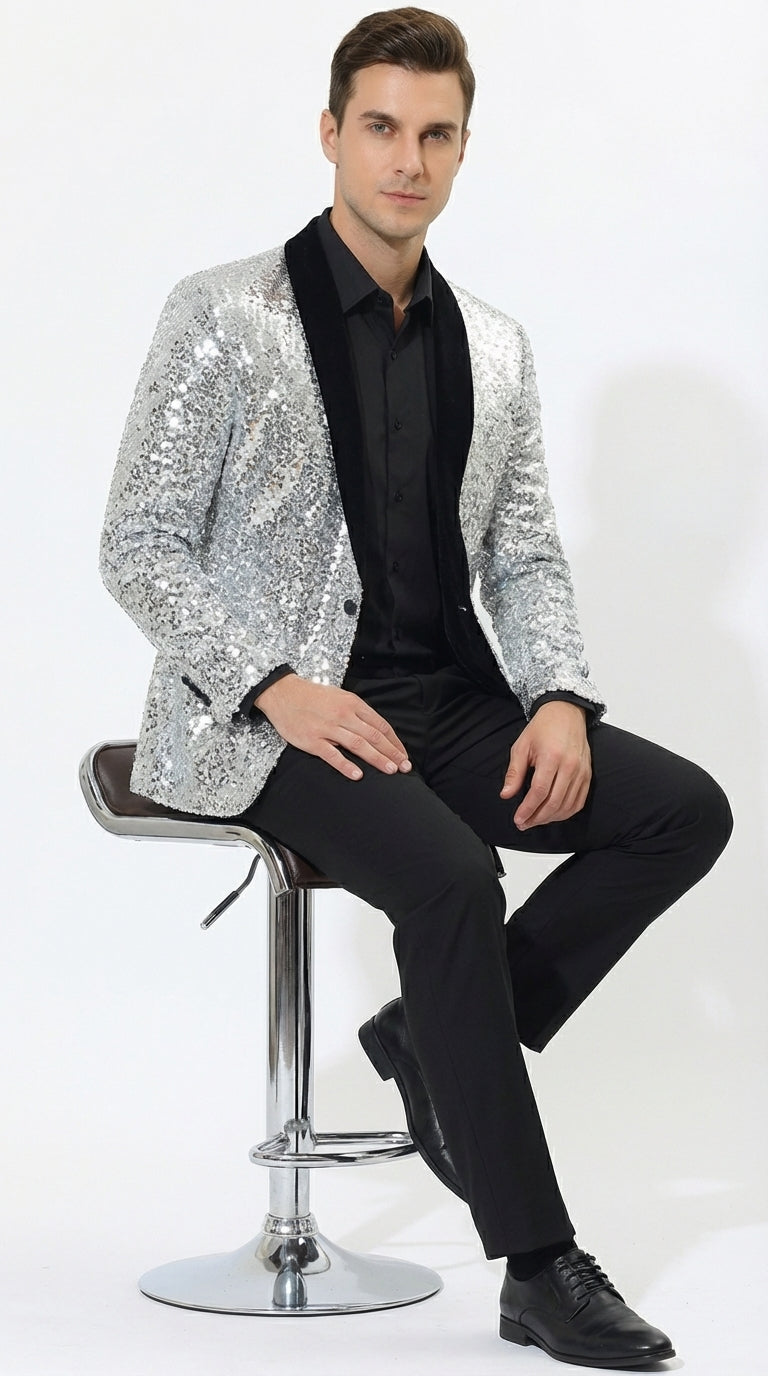 Men’s Silver Sequin Blazer Disco Style Jacket – Black Lapel Party Blazer, Shiny Evening Wear, 70s Dance Outfit, Formal Event Jacket - 34 Short