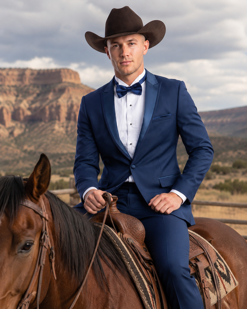 Men’s Saphire Indigo Blue Western Tuxedo Suit, Formal Wedding Prom Cowboy Tuxedo with Blue