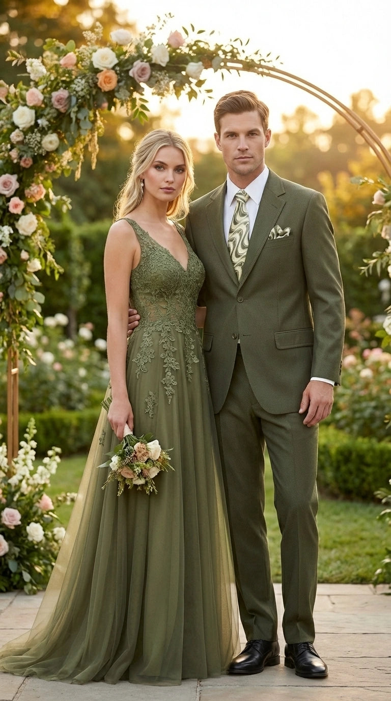 Men’s Olive Green Tuxedo With Trim Collar – Formal Wedding, Prom Suit Modern Fit - 36 Regular Jacket+30 Waist Adjustable 26to32)Height: 5'7"-6')(Neck: 14.5-16:S)