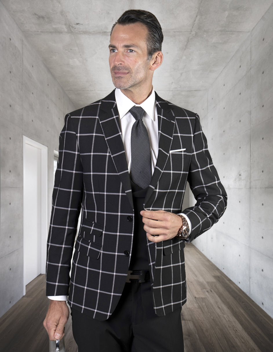 Mens 2 Button Suit with Low Cut Vest in Black Plaid - 36 Short