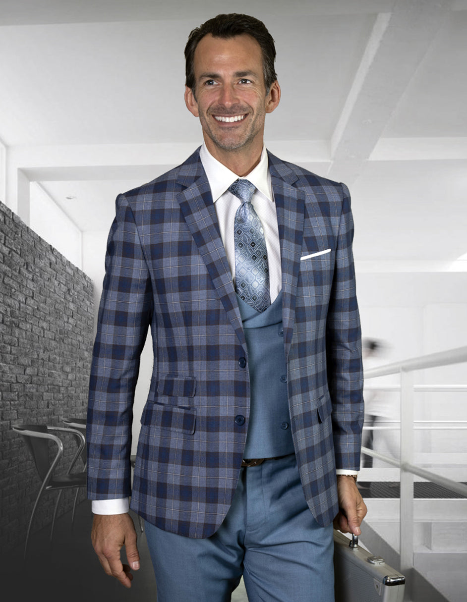 Mens 2 Button Suit with Low Cut Vest in Indigo Plaid - 36 Short