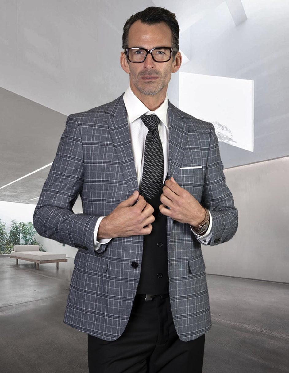 Mens 2 Button Suit with Low Cut Vest in Black Mini Plaid - 36 Short