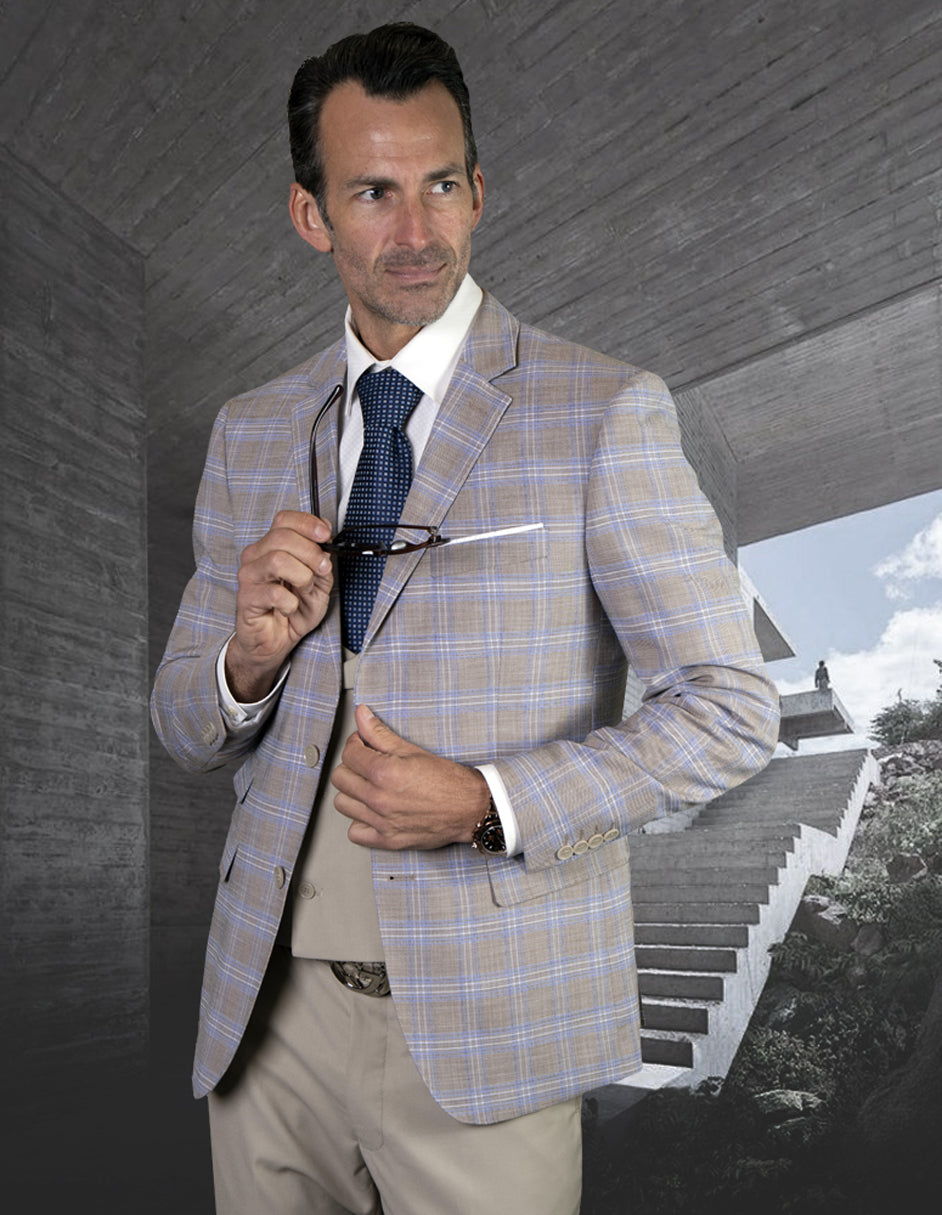 Mens 2 Button Suit with Low Cut Vest in Sand Plaid - 36 Short
