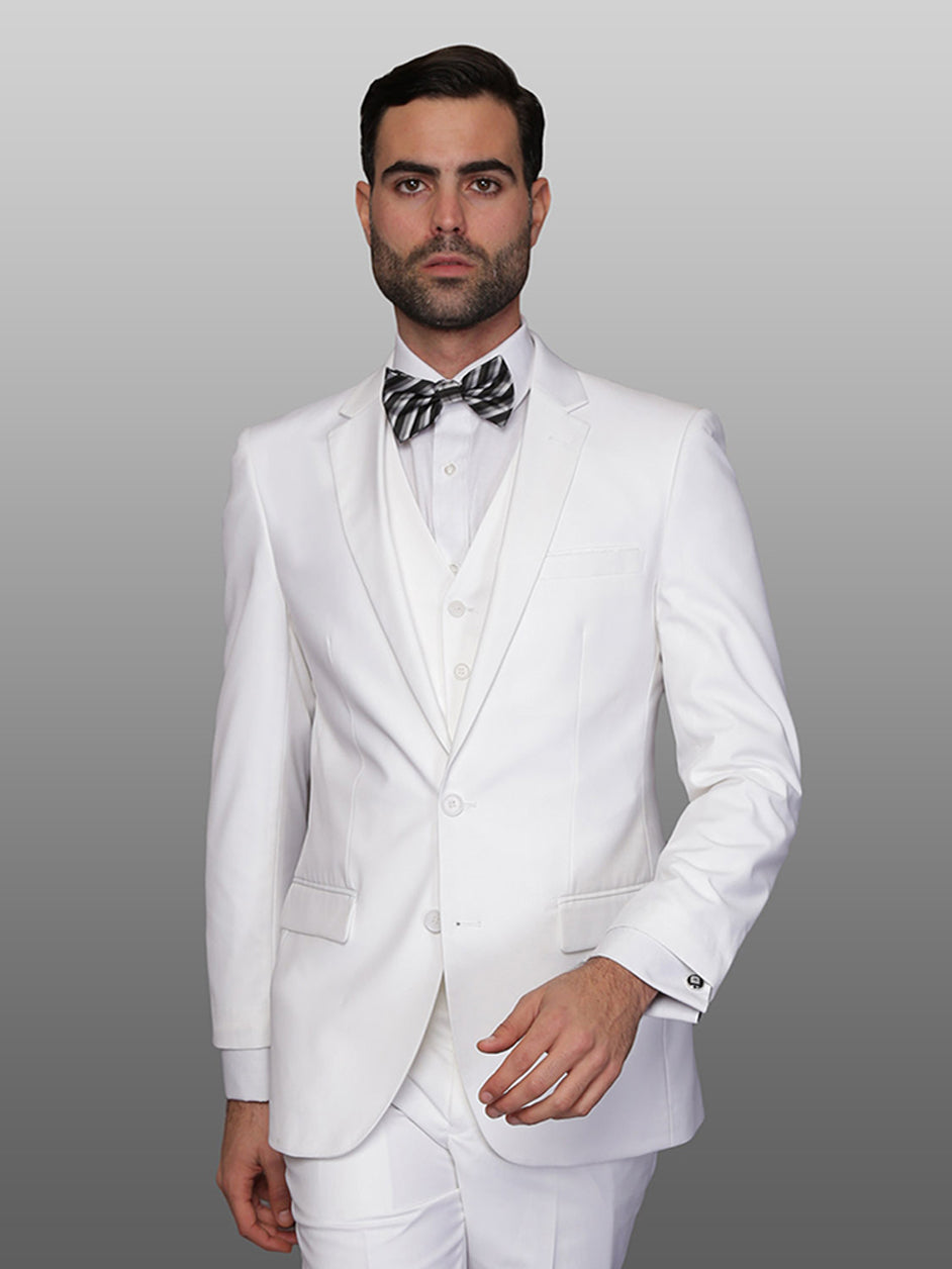 Mens 2 Button Vested Skinny Wool Suit in White - 38 Short