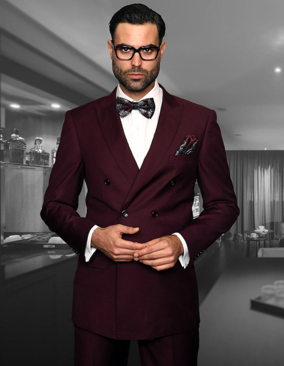 Mens Classic Wool Double Breasted Suit in Burgundy - 46 Short