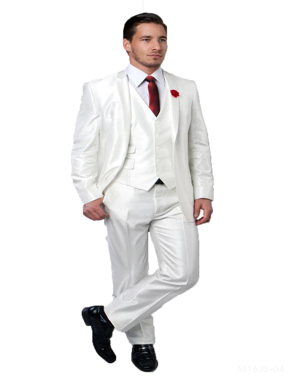 "Mens Tazio Vested Slim Fit Shiny Sharkskin Suit in White"