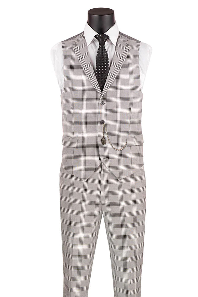 Glen Plaid Men's Slim Fit Vested Summer Business Suit - Light Grey - 36 Short