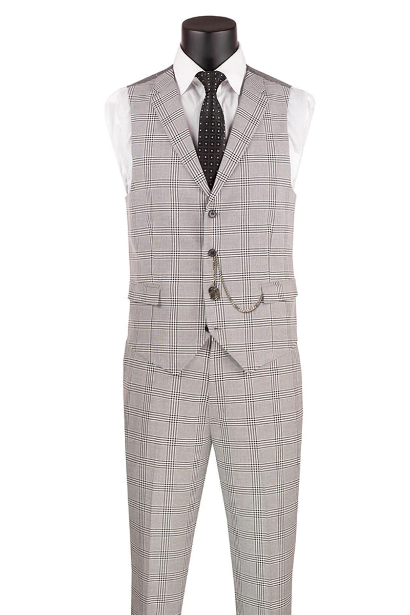 Glen Plaid Men's Slim Fit Vested Summer Business Suit - Light Grey