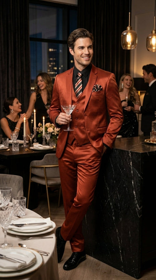Men’s Rust Copper Coganc Shiny Sateen 3 Piece Suit, Vested Formal Wedding Prom Suit Set Ultra Slim Fit