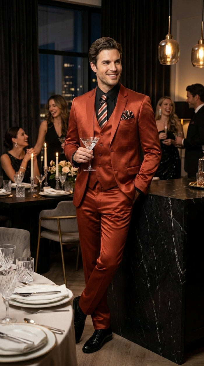 Men’s Rust Copper Coganc Shiny Sateen 3 Piece Suit, Vested Formal Wedding Prom Suit Set Ultra Slim Fit
