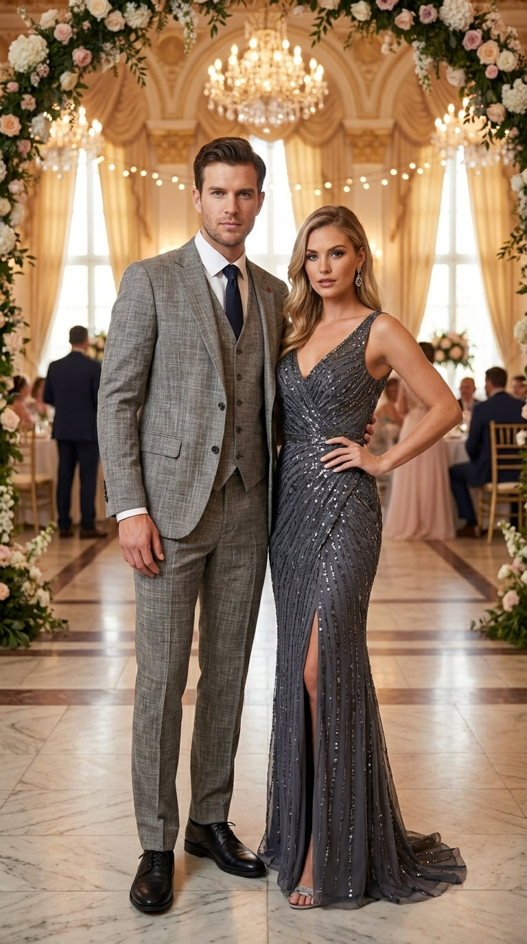 Vitali Brand Men’s Grey Textured Patterned 3 Piece Suit – Modern Fit Checkered Sharkskin with Blazer, Vest & Trousers, Business Wedding - 34 Short or Extra Small