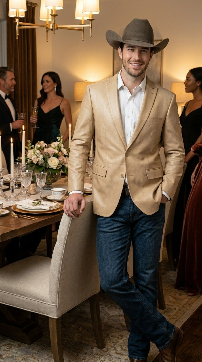 Men’s Champagne Gold Western Blazer, Formal Cowboy Wedding Ranch Sport Coat Jacket tan beige color sheen sharkskin fabric - 36 Short