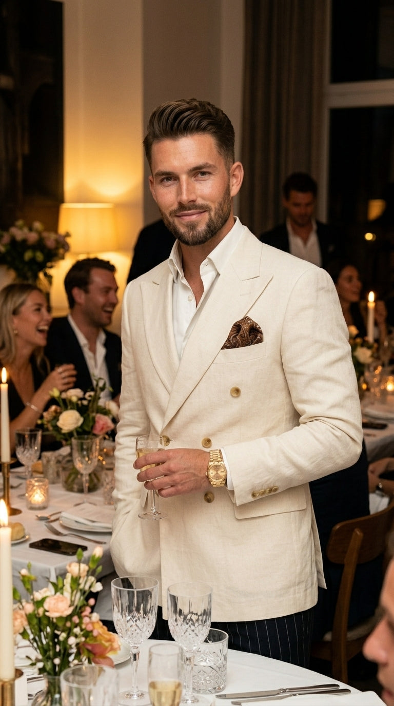 Men’s Ivory Linen Double Breasted Blazer, Lightweight Wedding Dinner Sport Coat Jacket Cream Off White - 36 Short