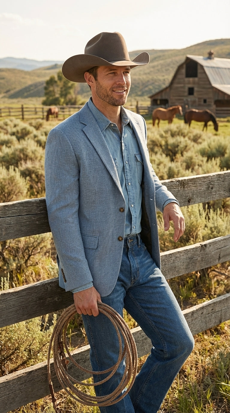 Mens Rugby Teal Baby Sky Western Blazer – Cowboy Style Casual Sport Coat for Men Classic Western Jacket in Light Blue Color - 36 Short