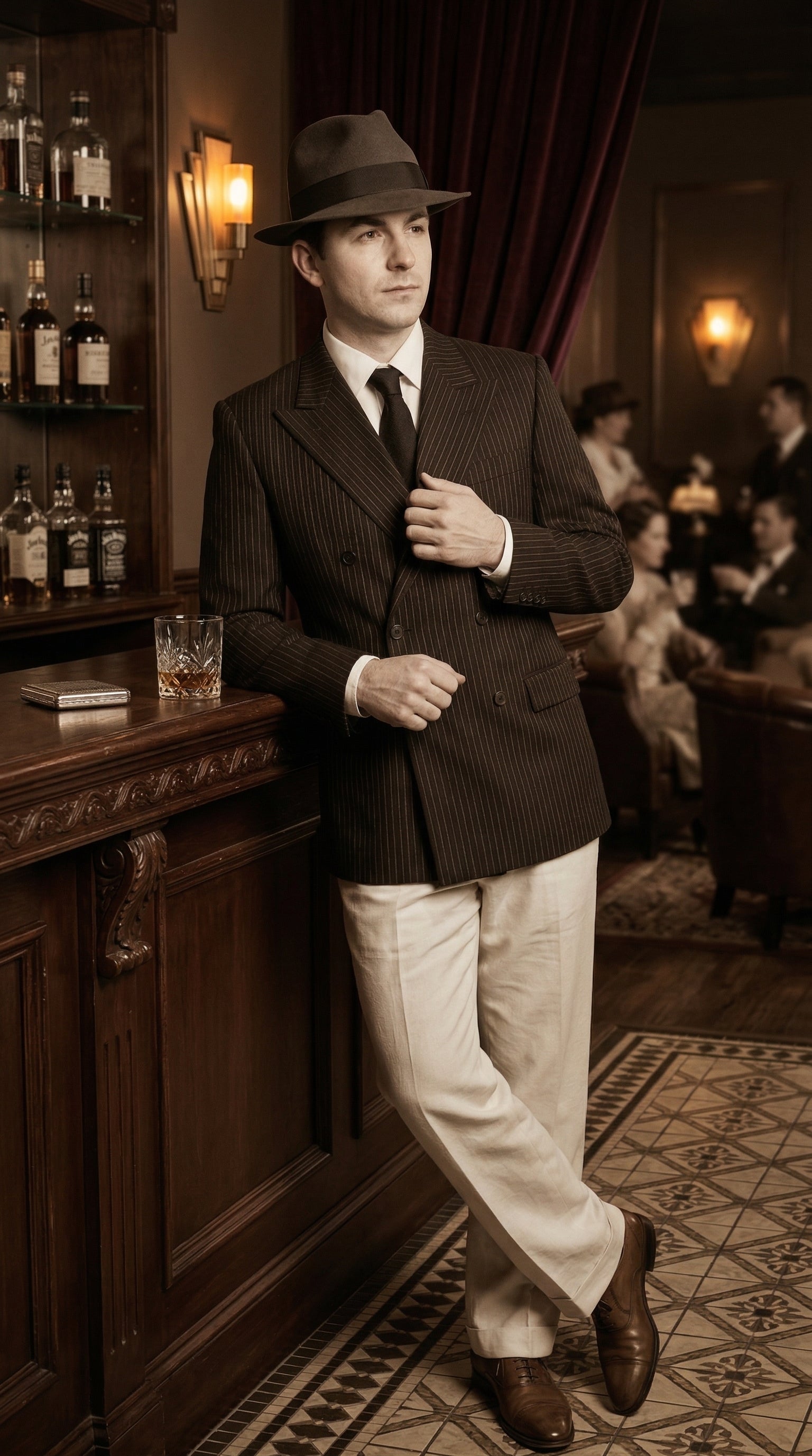 Men’s Black Pinstripe Blazer with White Pants 1920s Gangster Mob Boss Style Suit – Double Breasted Vintage Formal Jacket, Classic Party Costume Wear - Black