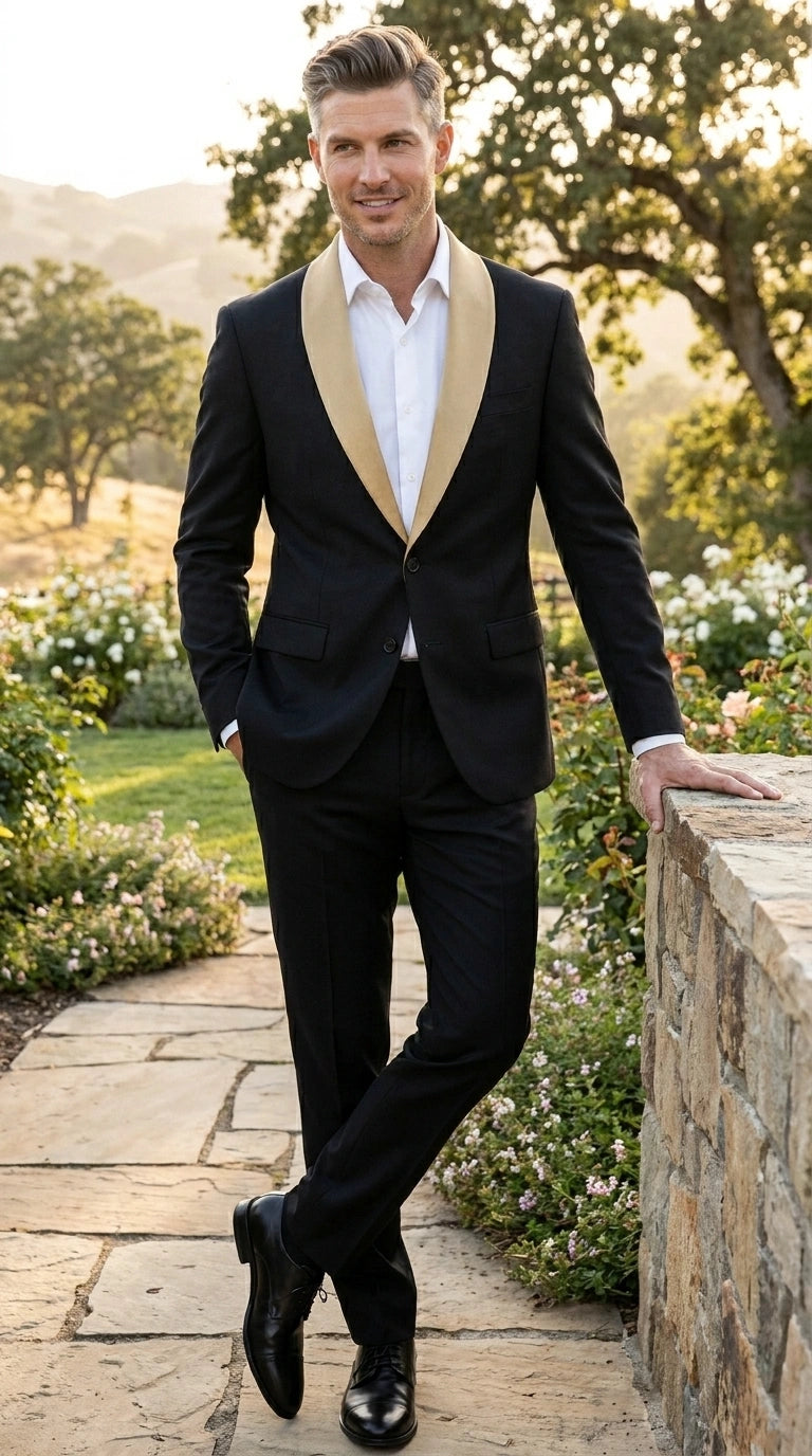 Men’s Black Suit with Gold Lapel – Luxury Formal Tuxedo Style Suit for Wedding, Prom, Party and Evening Wear - 34 Short or Extra Small