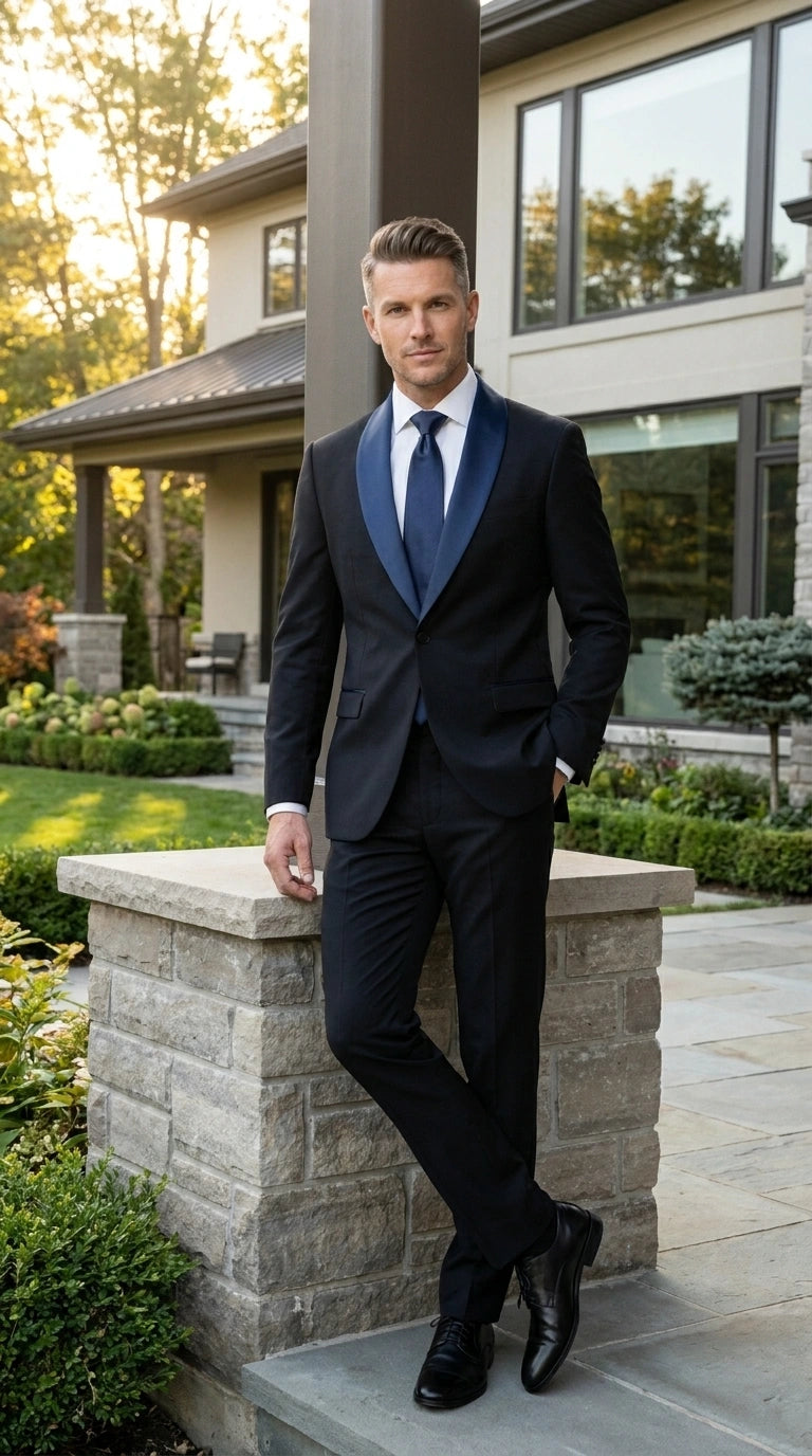Men’s Black Suit with Navy Blue Lapel – Elegant Formal Tuxedo Style Suit for Wedding, Prom, Party and Evening Wear - 34 Short or Extra Small