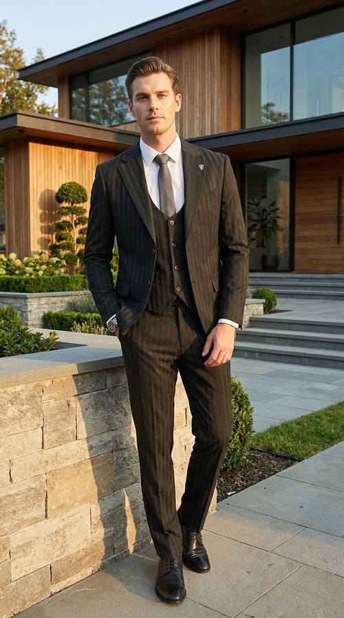 Men’s Black Pinstripe 3 Piece Suit – Vested Formal Business Suit for Wedding, Office, Prom and Party Wear