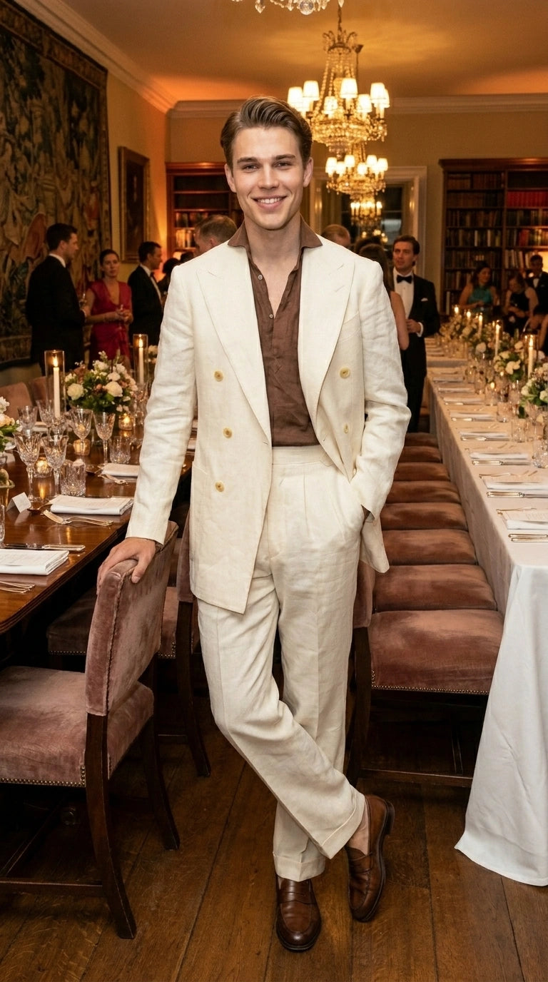 Men’s Off White 70s Style Double Breasted Suit – Vintage Retro Wide Lapel Classic Outfit for Party, Wedding and Casual Fashion Wear - 34 Short or Extra Small